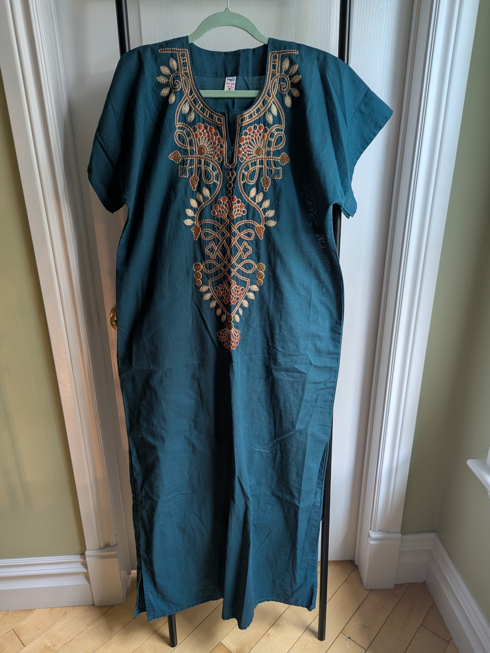 Teal Embroidered Short-Sleeve Kaftan Dress